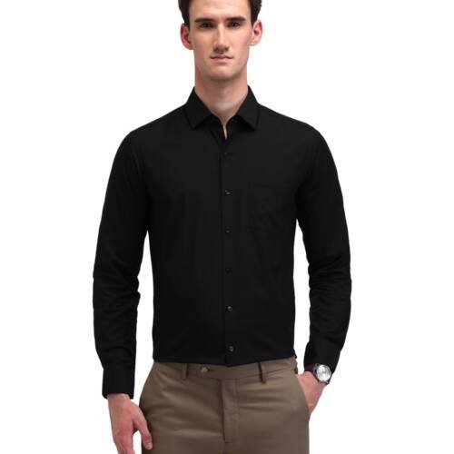 Men's Black Solid Spread Collar Long Sleeve Formal Cotton Slim Fit Shirt (ARES1151_Black_40)