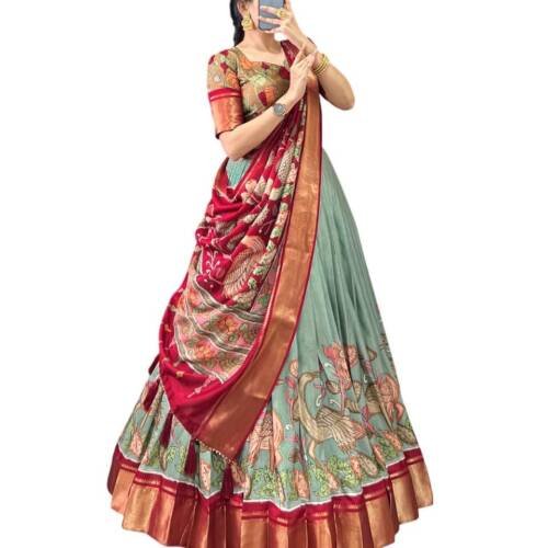 Women Tussar Silk Semi Stitched Wedding Special Foil Work Lehenga Choli For Any Occasion (Pista), Free Size