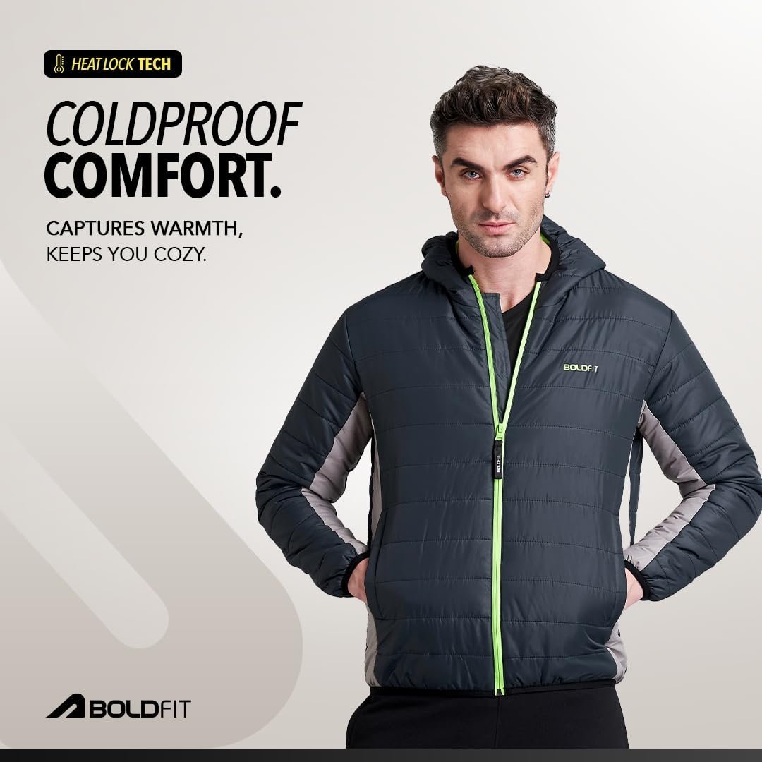 Men's Quilted Polyester Standard Length Jacket Monsoon Winter Wear Hooded Winter Padded Bomber Full Sleeve Jacket Black Charcoal 2XL - Image 3