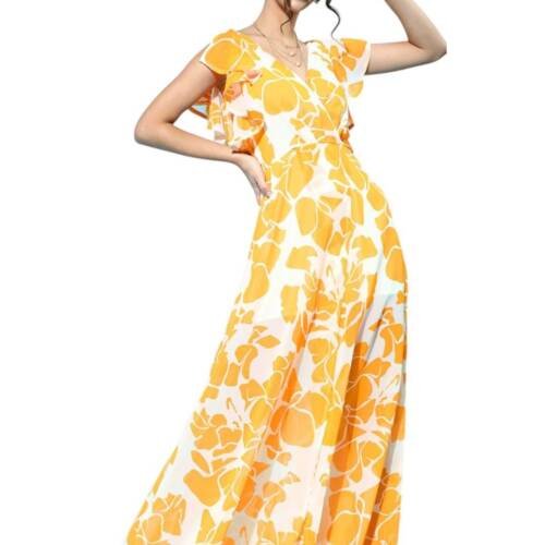 Mustard Floral Frill Sleeve Maxi
