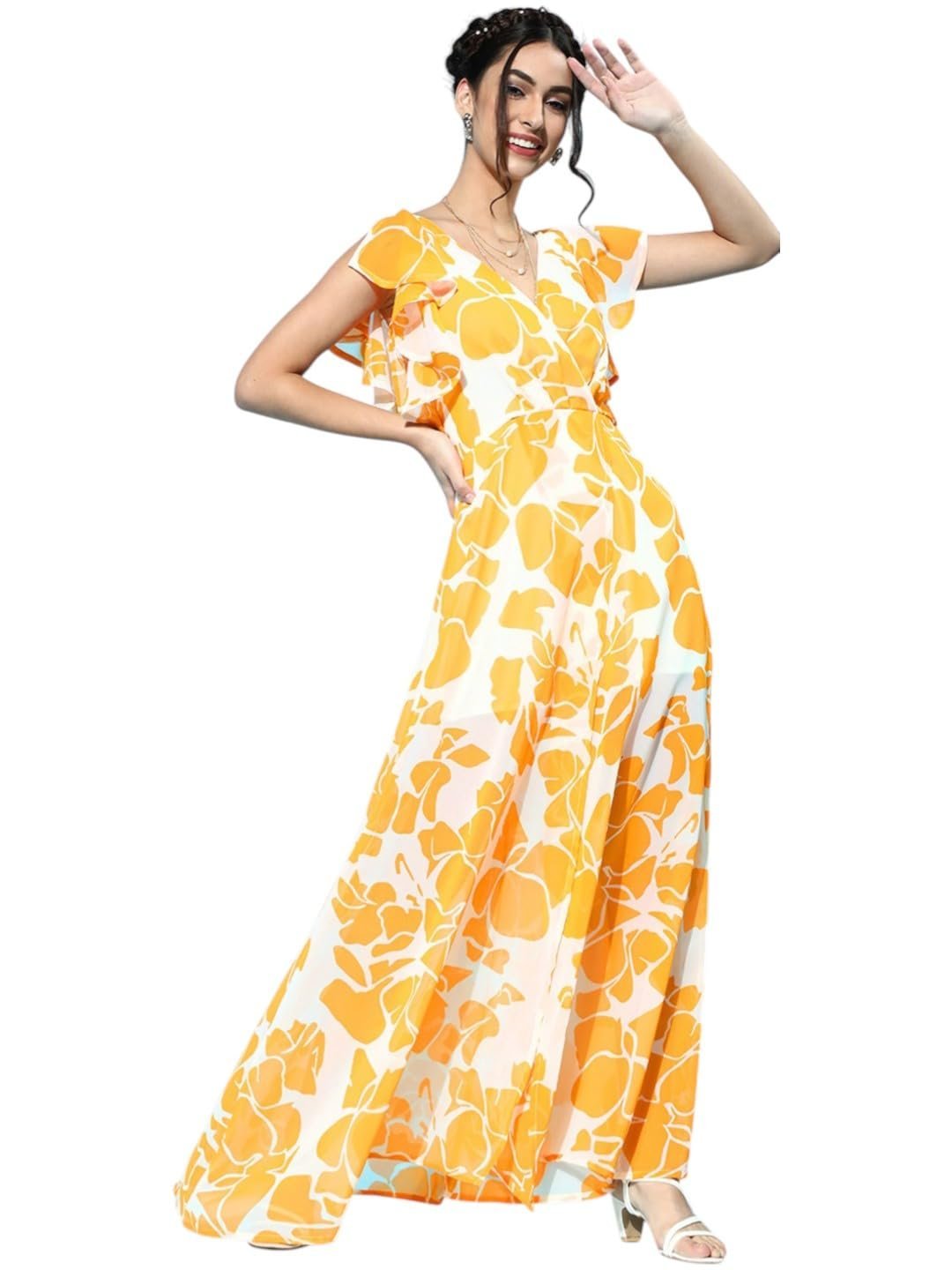 Mustard Floral Frill Sleeve Maxi
