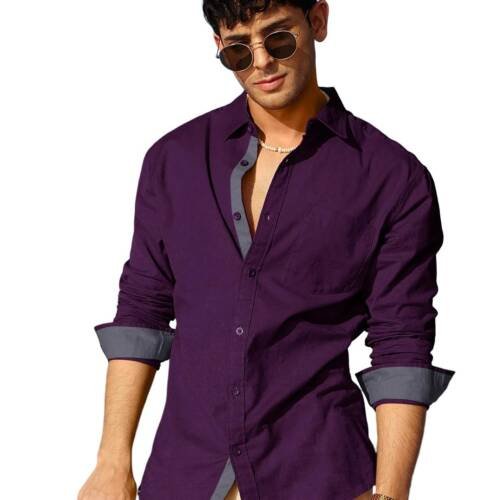 Casual Shirt for Men Stylish Men's Shirt Soild Regular Fit Long Sleeve Formal Wear Purple