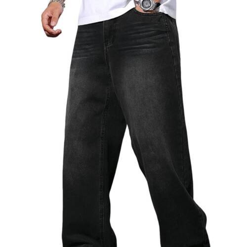 Men's Elastic Waisted Hip Hop Wide Leg Baggy Jeans, Black, X-Large