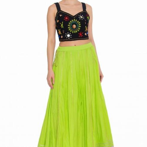 Women’s Ethnic Lehenga | Neon Green Flared Skirt | Festive & Party Indian Outfit with Traditional Mirror Work & Zari Border