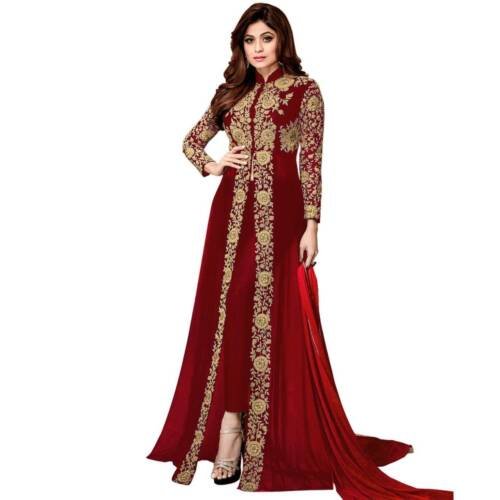 Women's Embroidered Georgette Unstiched Anarkali Gown with Dupatta(Codding) (Red)