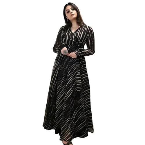 Women's Black Color Georgette Long Sleeve Round Neck All Over Print Maxi Length Anarkali XXL Stitched Gown for Girls. (Ankita-Black-XXL)