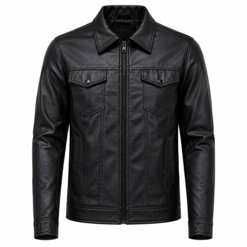 Men's Casual Black Faux Leather Jacket | Shirt Collar Fashion Jacket with Chest Pockets (IN, Alpha, Regular)