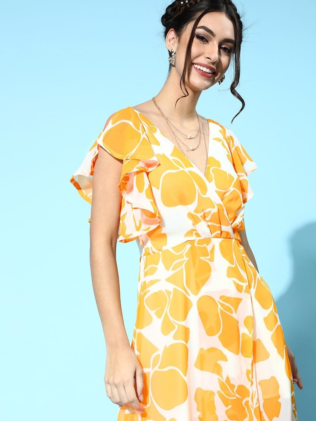 Mustard Floral Frill Sleeve Maxi - Image 2