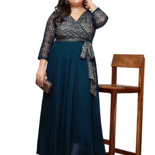 Women's Self-Designed Relaxed Fit V-Neck 3/4th Sleeve Maxi Dress with Pockets (APSS21D14-67-83-08, Teal, 3XL)
