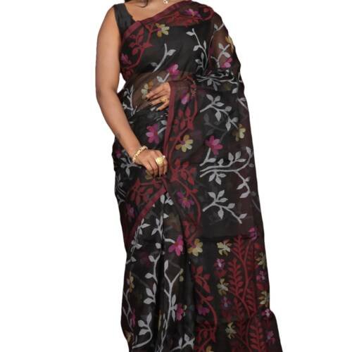 Bengal Looms India Handwoven Jangla Jaal Work Muslin Silk Dhakai Jamdani Saree for Women with Blouse Piece | Traditional Ethnic Saree for Wedding, Festive, Party, Office & Pooja Wear