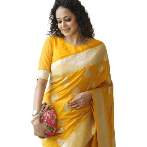 Women’s Fancy Banarasi Kanjivaram Art Silk Yellow Saree with Unstitched Blouse Piece |Wedding Saree for Women