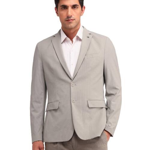Men's Beige Textured Notch Collar Long Sleeve Formal Nylon Slim Fit Blazer (ARAIBZ5050_Beige_42)
