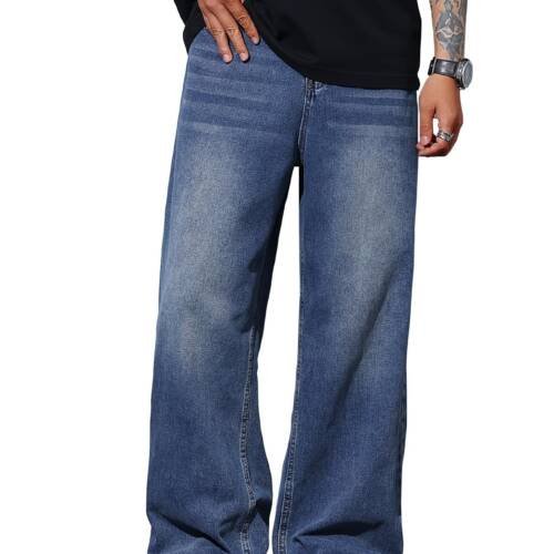 Men's Dark Blue Baggy Fit Jeans– Solid Washed Denim Straight Wide-Leg | Streetwear Casual Dailywear Pants for Men | Trendy Loose-Fit Mid-Waist Denim Trousers (Jeans 247 Dark Blue)