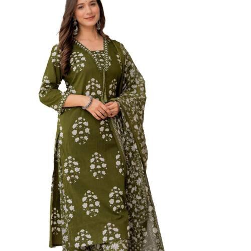 Women's Pure Cotton Printed Straight Kurta Set with Palazzo Pants & Dupatta- Ethnic Wear, Green