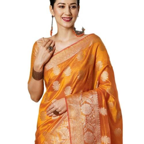 Women's Banarasi Soft Silk Saree Pure Silk with Unstitched blouse Piece (3747S456_Orange)