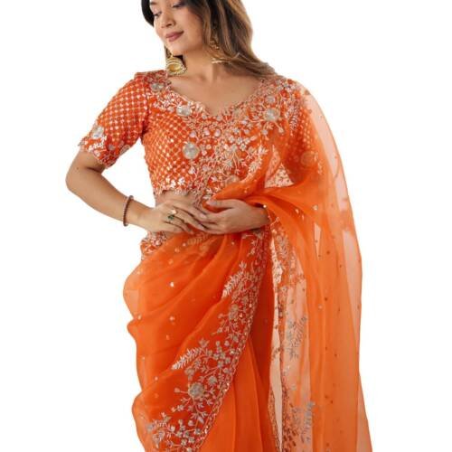 Women's Organza Sequence Embroidery Saree with Unstitched blouse Piece (4472S116_Orange)