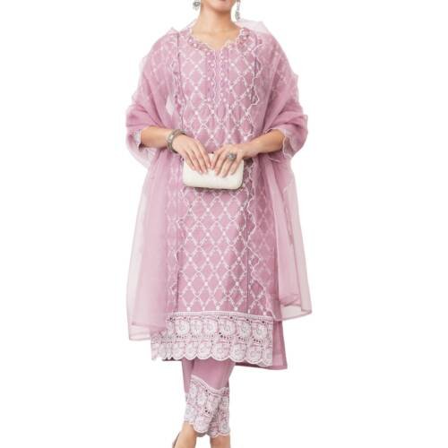 Women's Embroidered Cotton Kurta Pant Set with Organza Dupatta (SS25 SUR-KS-18_Mauve_M)