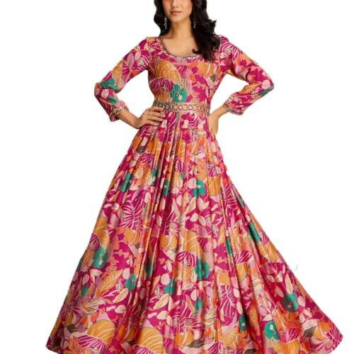 Women's vetican Print with Hand Embroidery Work Anarkali Long Gown(M-2544 Pink_Small)