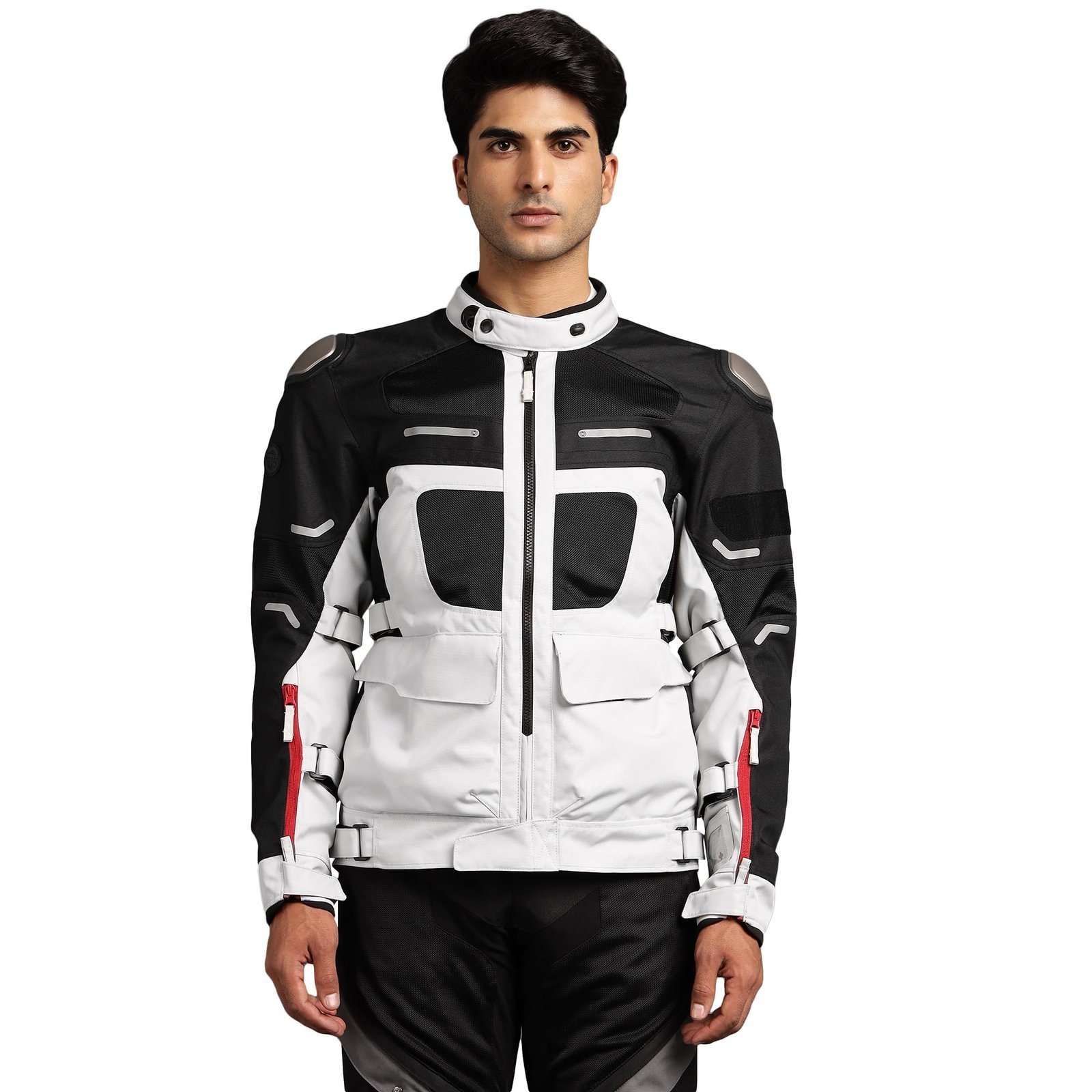 Mens Polyester Crossroader Jkt Light Grey Biker Jacket 38 Cm Standard Length