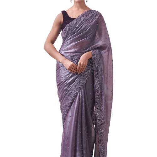 Saree, Boota, Jaal Bordered Sari for Women Hand Zardose Saree with Blouse Piece Organza (Purple)