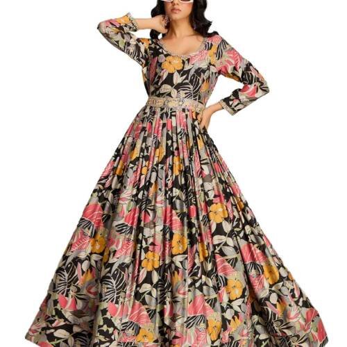 Women's vetican Print with Hand Embroidery Work Anarkali Long Gown(M-2544 Black_3X-Large)