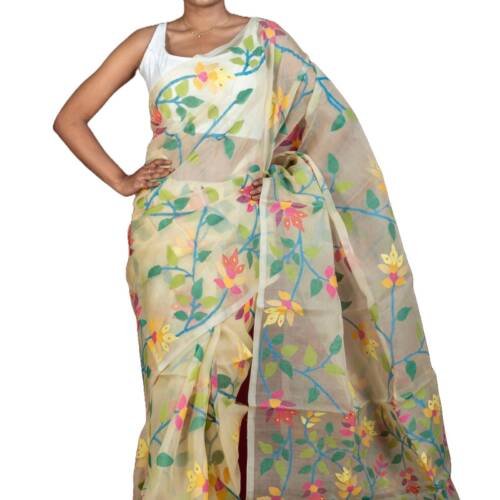 Bengal Looms India - Muslin Silk Dhakai Jamdani Saree with Jangla Jaal Lotus Motif In Lemon, Blue and Multicolor Thread Work with Blouse Piece | Soft Handloom Saree for Wedding,Party & Festive