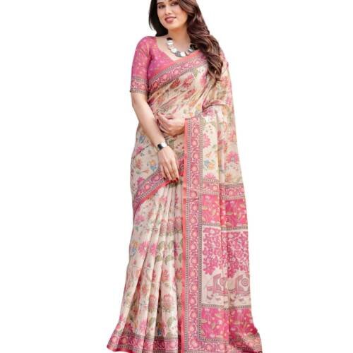 Traditional Cotton Silk Saree for Women with Floral Print, Pink Border, Tassels and Blouse Piece, Designer Saree, 5.5 Metres Off-White