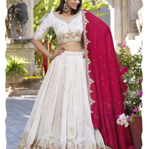 Women's Chinnon Sequins Embroidered Lehenga Choli With Dupatta Set (Baarati)