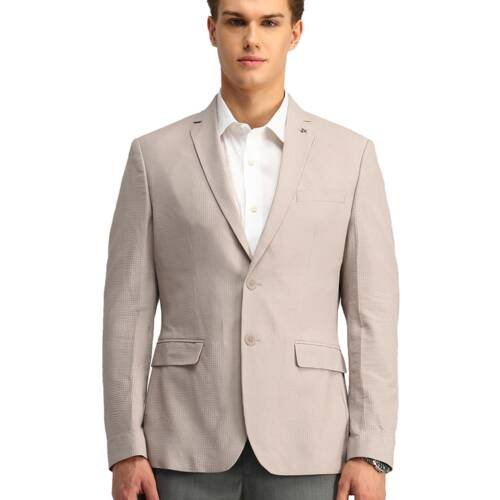 Mens Beige Textured Nylon Notch Collar Long Sleeve Formal Slim Blazer (ARAIBZ5053_Beige_42)