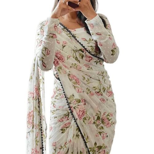 Women's Georgette Printed Ready To Wear one Minute Saree With Unstitched Blouse Piece (1000 Butty White_White_Free Size)