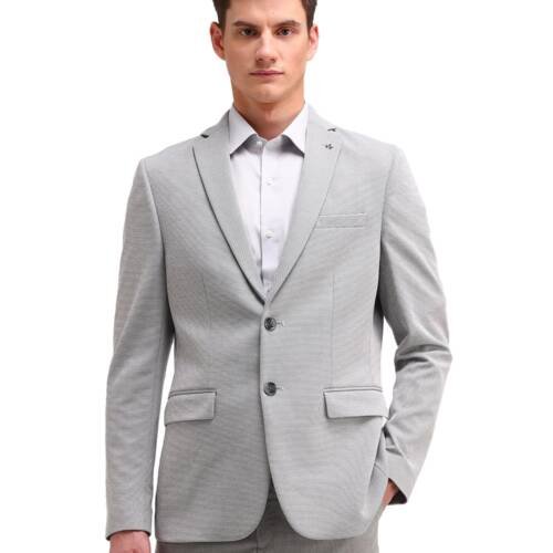 Men's Grey Self-Design Notch Collar Long Sleeve Formal Polyester Slim Fit Blazer (ARAIBZ5035_Grey_40)