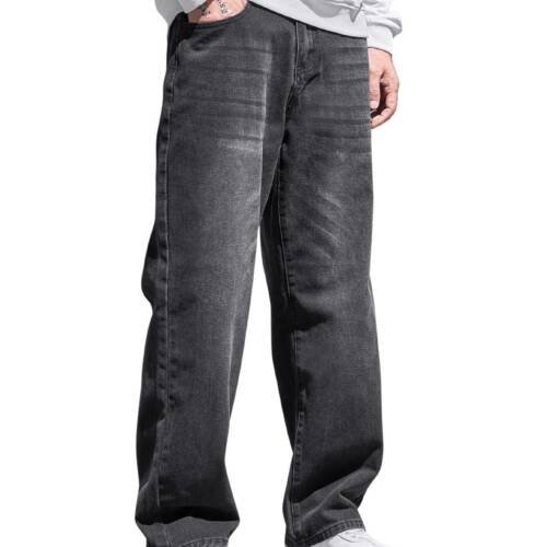 Men's High Waist Loose Jeans Baggy Straight Leg Denim Pants Trousers, Black Grey, Large