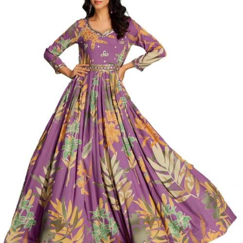 Women's Rayon Print with Hand Embroidery Work Anarkali Long Gown(M-2543 Pink_Medium)