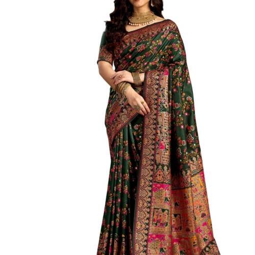 Women's Silk Kashmiri Minakari Weaving Saree with Unstitched Blouse Piece (4314S604N_Dark Green)