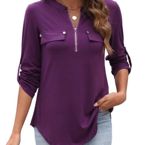 Work Clothes for Women Casual Office V Neck Collared Dress Shirts Tops Purple L