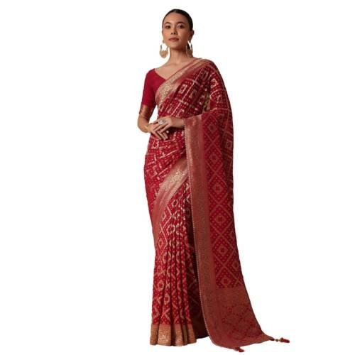 Fashion Red Banarasi Georgette Saree With Bandhani Weave And Unstitched Blouse Piece Georgette sarees for women Traditional Ethnic Wear Fashion Wear Wedding Collection