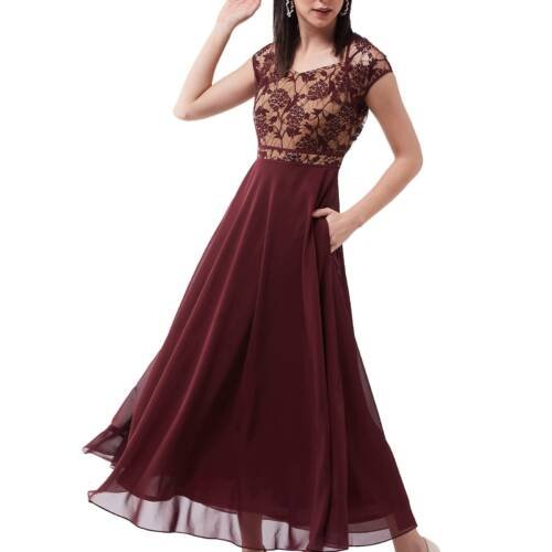 Women's Floral V - Neck Cap Short Sleeves Lace Overlaid Fit & Flare Paneled Maxi Dress (MCSS21D06-11-603-04,Wine & Beige,M)