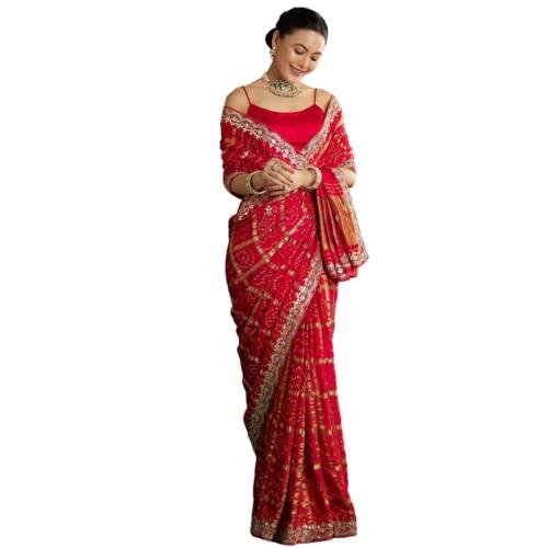 Fashion Red Bandhani Saree With Gota Work Satin sarees for women