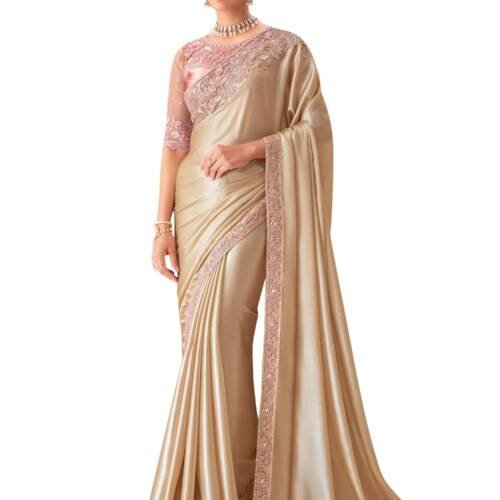 Women's Cream Pure Chiffon Embellished Saree With Unstitched Blouse (SNDLWOD1303_TFH)