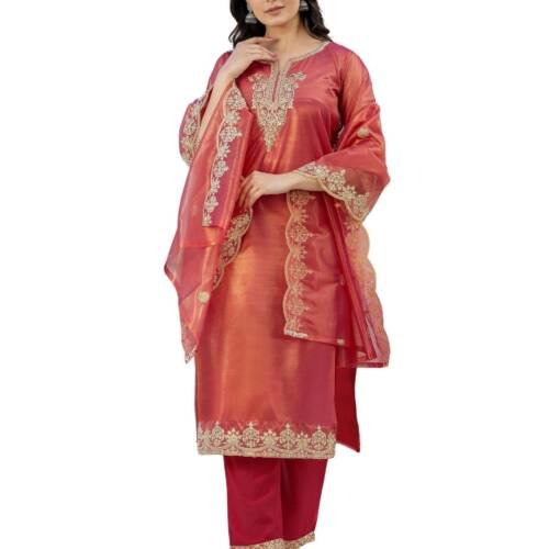 Women's Net Sequins, Embroidery and Gota Lace Straight Kurta with Pant & Dupatta (227KBD2403C-L_Rani Pink)