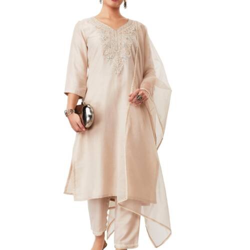 Myx Women's Embroidered Kurta Pant Set with Dupatta (SS25-MYX-ZIL-KS-26_Chiku_M)
