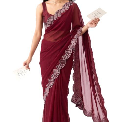 Dancing Threads georgette saree with heavy hotfix stone work on a fancy cutwork border designer sari for women festive saree for wedding (maroon)