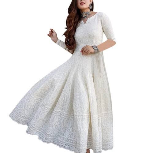 Women's Chikankari Embroidred Thread Work Long Anarkali Dress |Ankle Length Gown for Women (K1113-S) White