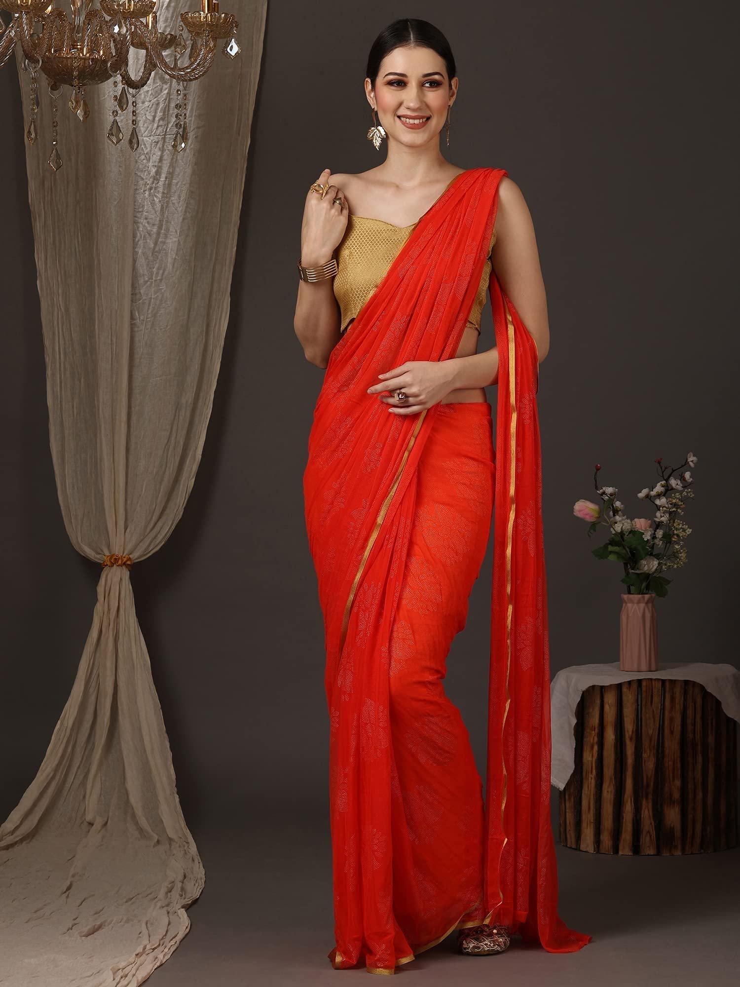 Women's Floral Chiffon Embellished Zari Border Saree With Unstitched Blouse Piece (Pink_DOLY2604_WBG) - Image 3