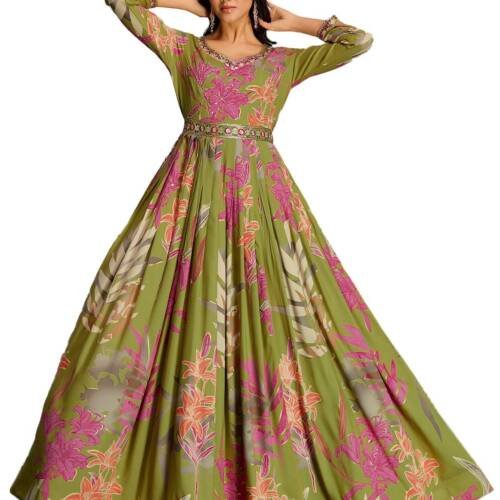 Women's Rayon Print with Hand Embroidery Work Anarkali Long Gown(M-2543 Mehndi(Green)_Small)