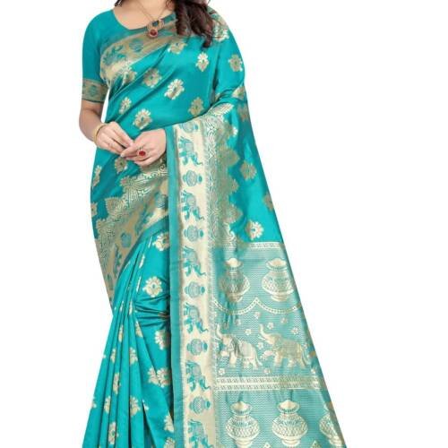 Women's Pure Kanjivaram Soft Silk Saree Banarasi Design Wear Pattu Sarees Latest Party Cotton Sari collections With Blouse Piece for Wedding sadi new ladies 2025 (Pari9016-51) (Firozi)