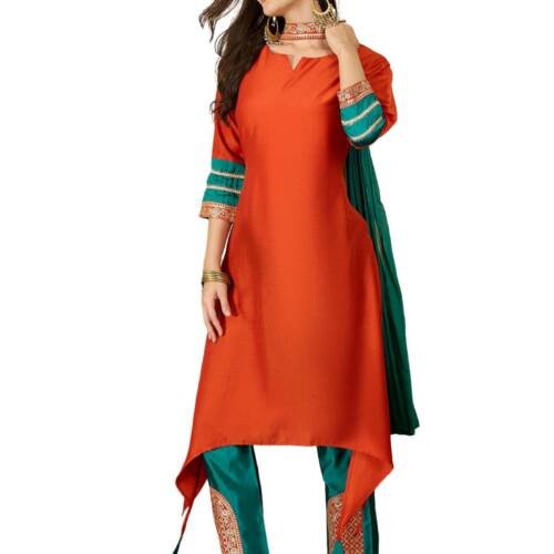 Women's Cotton Silk Embroidered Asymmetric Kurta Pant with Choker Dupatta Set Orange