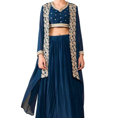 Womens' Skirt and Choli with Long Jacket Set Star Georgette with Embroidery Bids Work Skirt Set(M-2523 Mor Pichh_Large) Dark Blue