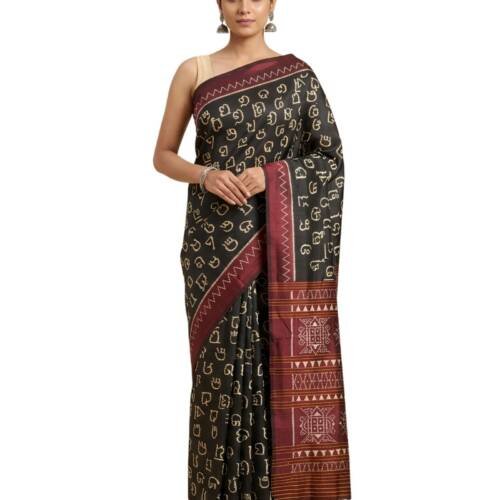 HATABUNA Pure Mulberry Silk Handloom Saree | Premium Odia Letter Ikat Designer Saree | 100% Handwoven Silk | Traditional Sambalpuri Ikat | Maroon & Black | With Blouse Piece