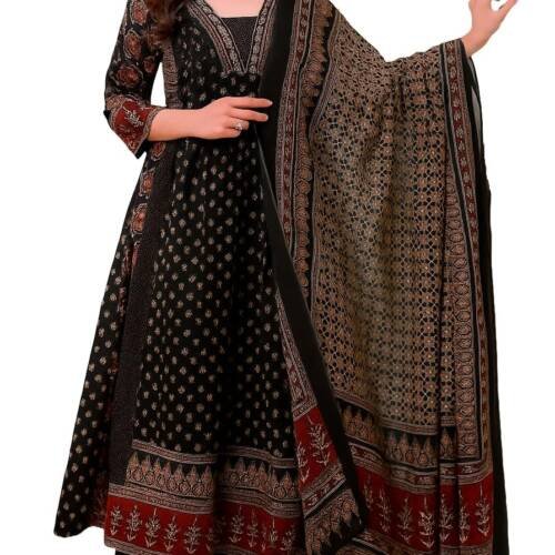 Women Printed Anarkali Kurta and Pant Set with Dupatta Black